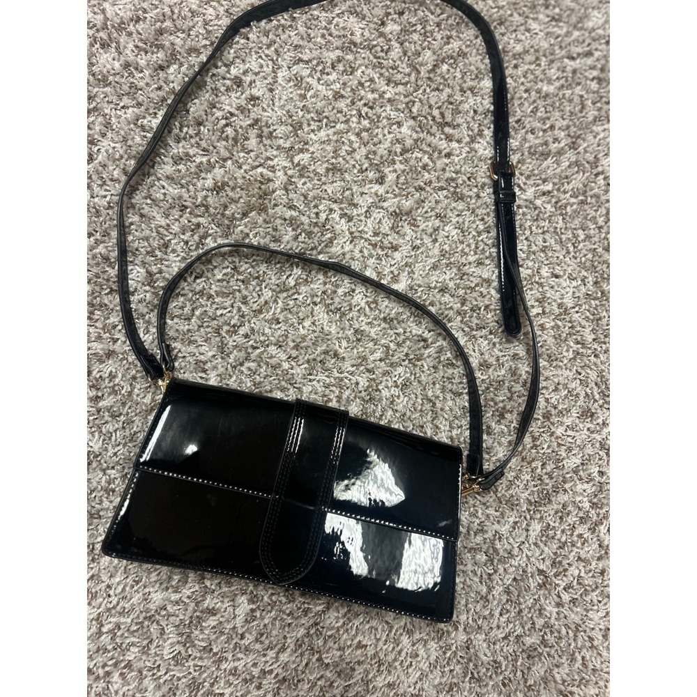 Moda Luxe Black Patent Faux Leather Crossbody Bag Rectangular Flap Purse